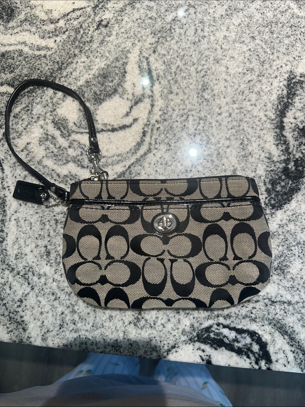 Coach Black & Beige Signature Canvas Turnlock Wristlet
